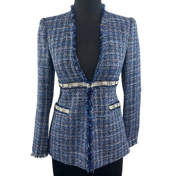 ZARA Tweed Blue Blazer Jacket Pearl Beaded Long Sleeve Hook Closure Lined S RARE - Picture 1 of 8
